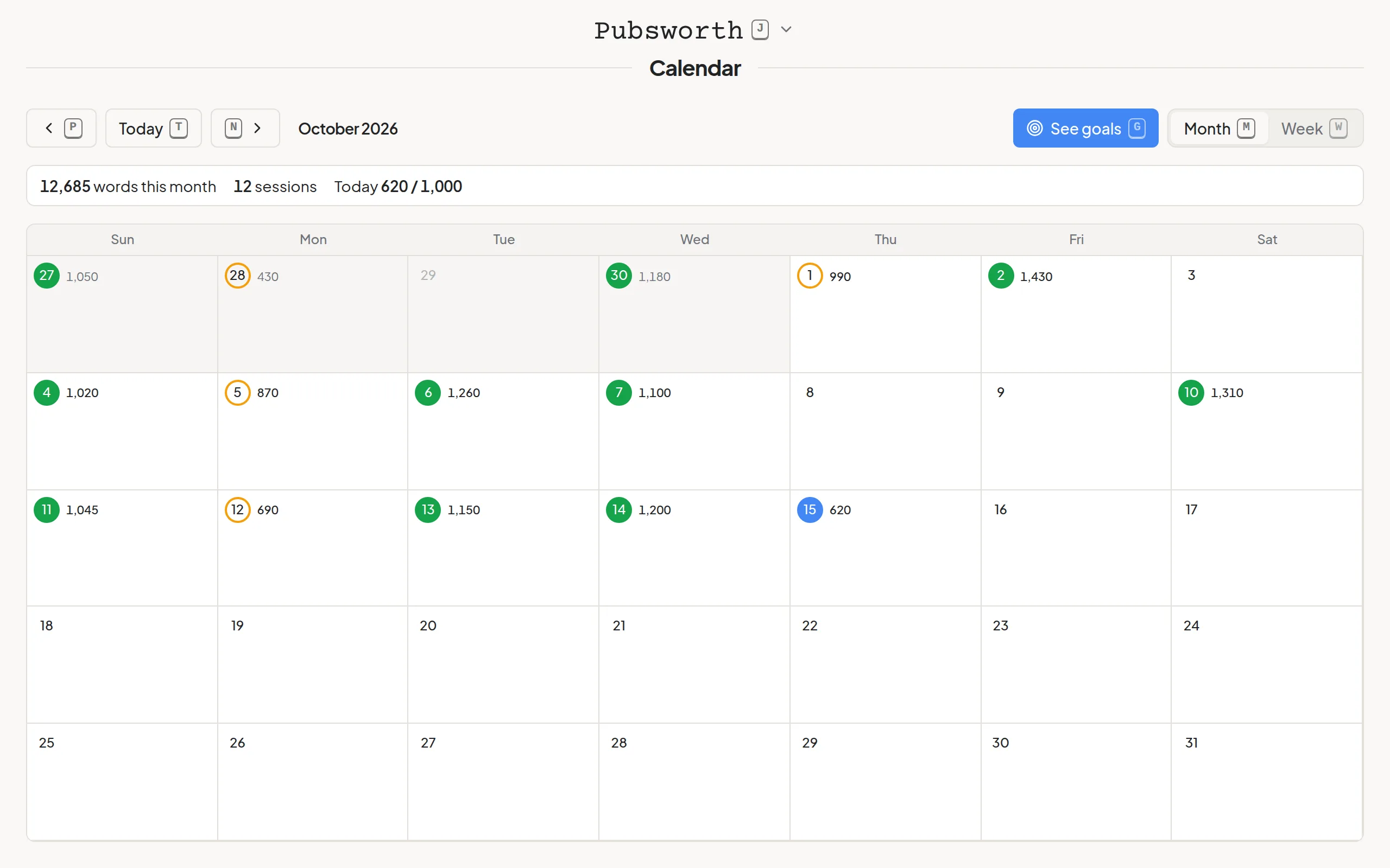 The calendar with a month of writing goals