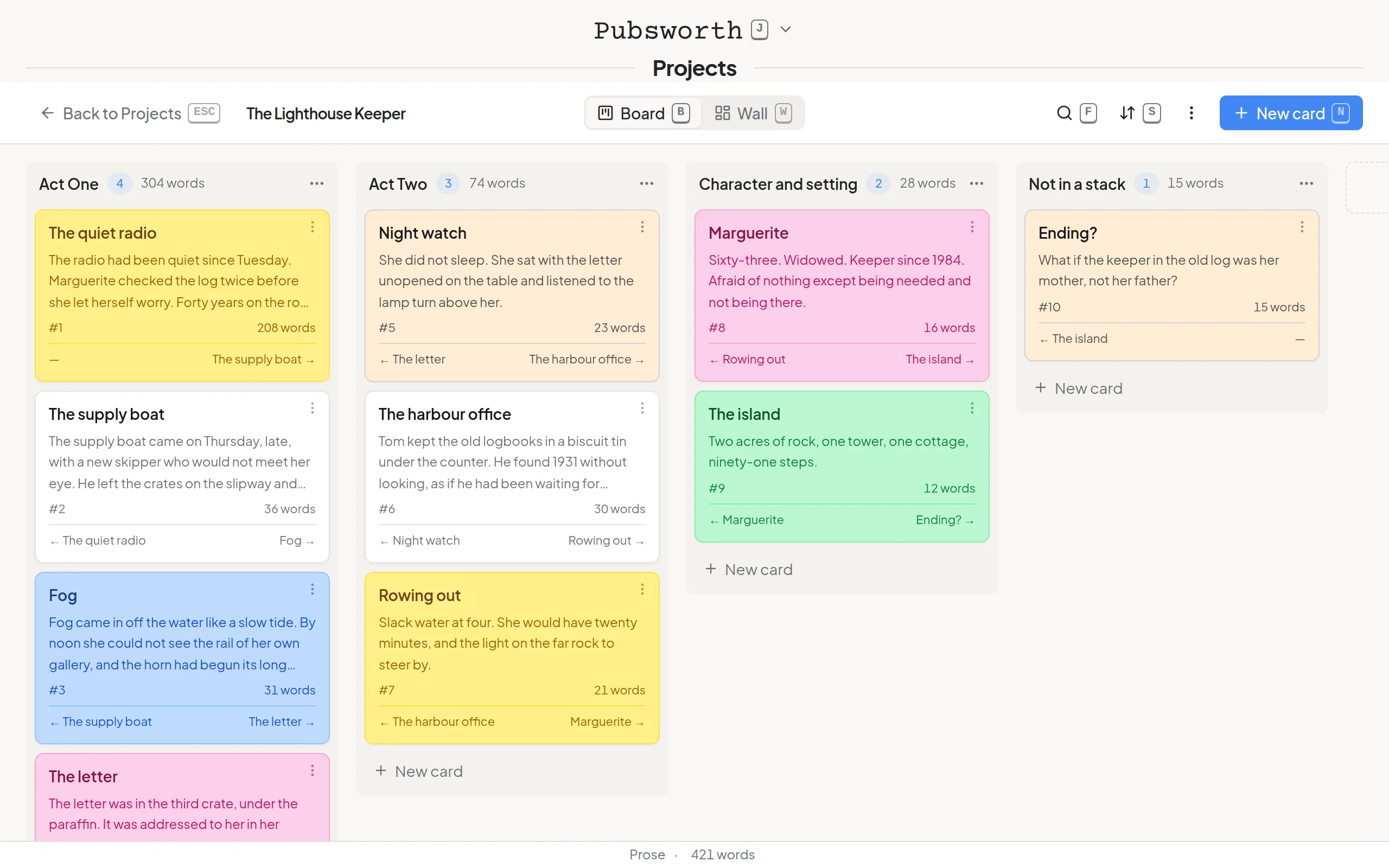 A novel on a board, one column for each act