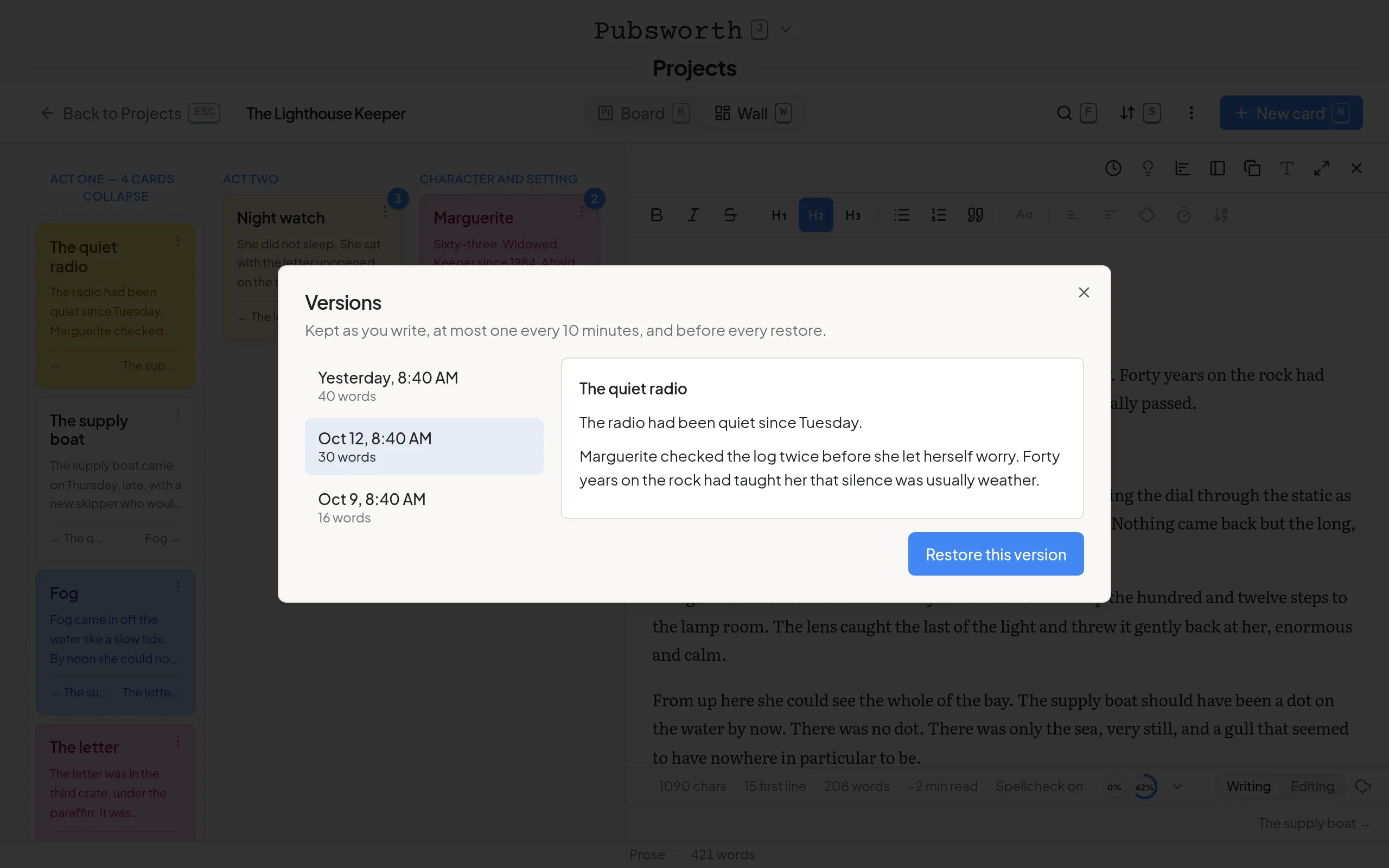 The Versions dialog